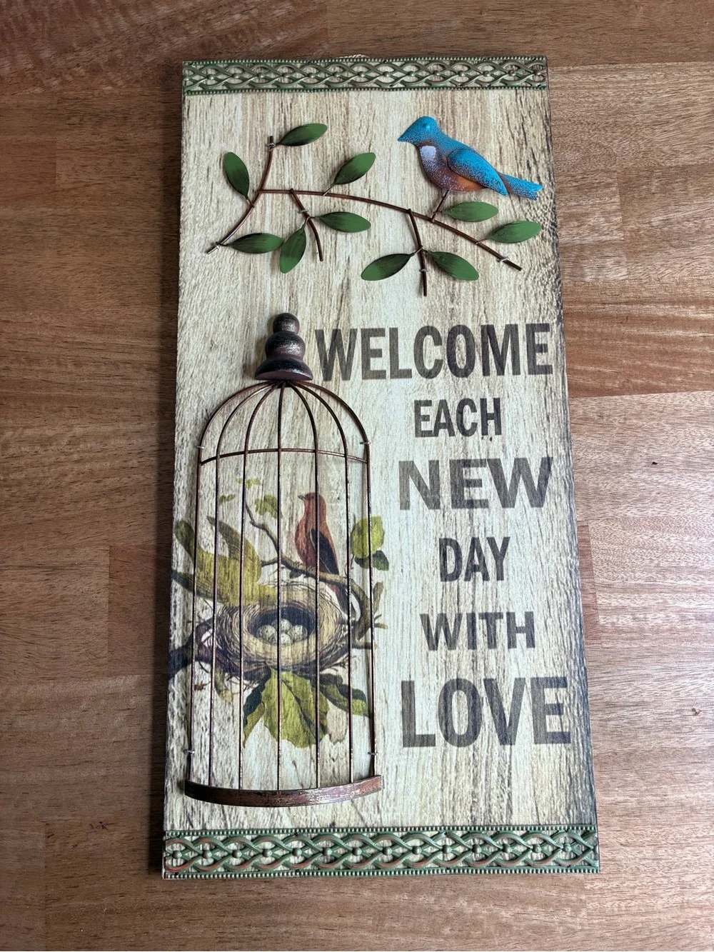 Welcome Each New Day With Love Wall Plaque - Blue & Green 20” x 9.5”